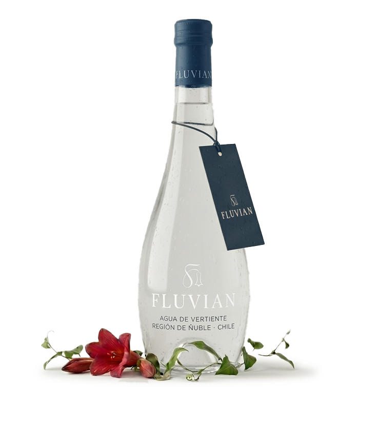 Fluvian glass bottle with minimalist label, surrounded by native ferns